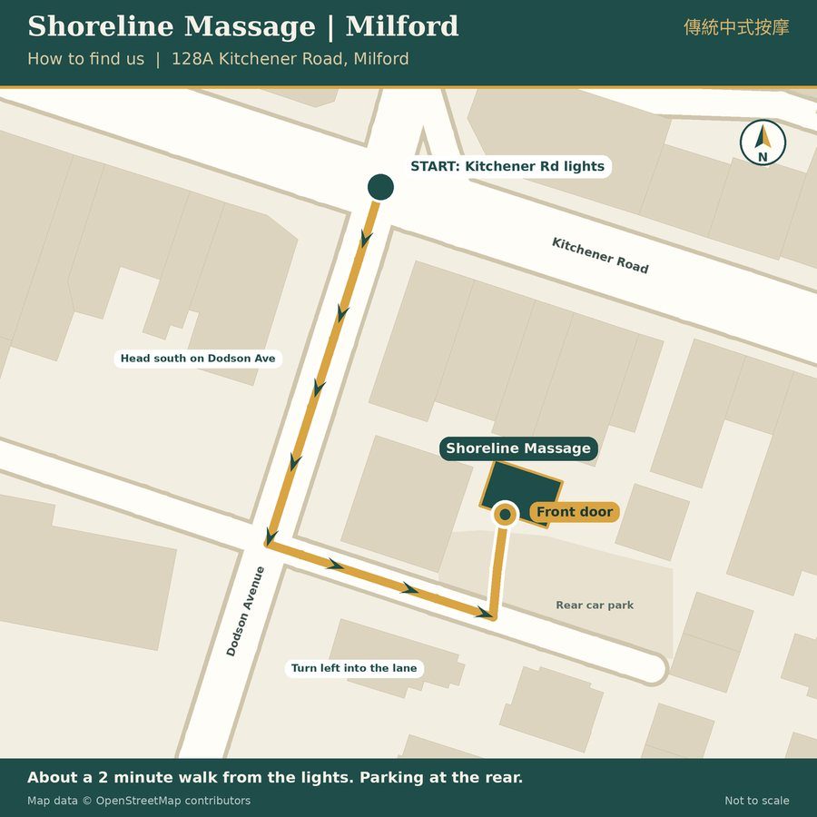 Directions map: from the Kitchener Road lights, head south on Dodson Avenue, turn left into the lane, and the front door faces the rear car park